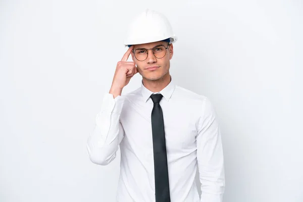 Young Architect Caucasian Man Helmet Holding Blueprints Isolated White Background — стоковое фото