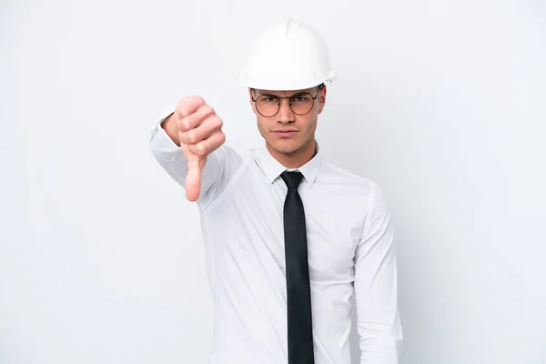 Young Architect Caucasian Man Helmet Holding Blueprints Isolated White Background — 스톡 사진