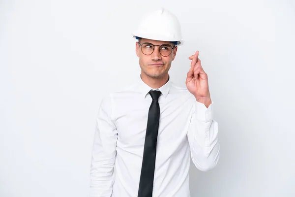 Young Architect Caucasian Man Helmet Holding Blueprints Isolated White Background — Stock fotografie