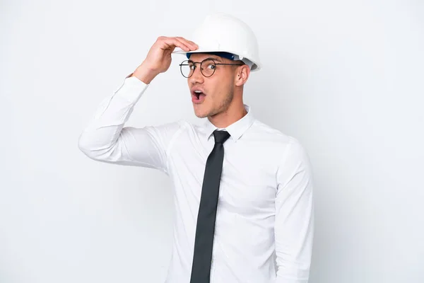 Young Architect Caucasian Man Helmet Holding Blueprints Isolated White Background — Φωτογραφία Αρχείου