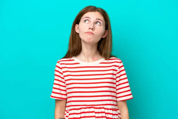 Young English Woman Isolated Blue Background Looking — Stock Photo, Image