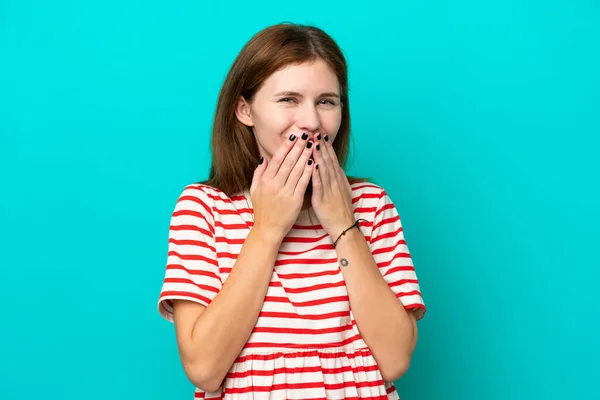 Young English Woman Isolated Blue Background Happy Smiling Covering Mouth — Stockfoto