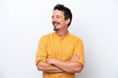 Young man with moustache isolated on white background happy and smiling