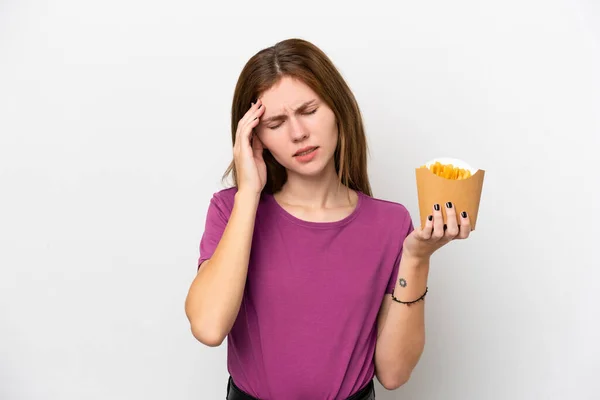 Young English Woman Holding Fried Chips Isolated White Background Headache — Zdjęcie stockowe