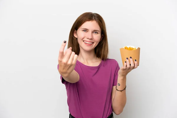 Young English Woman Holding Fried Chips Isolated White Background Doing — стоковое фото