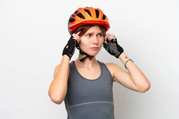 Young Cyclist English Woman Isolated White Background Having Doubts Thinking — Stockfoto