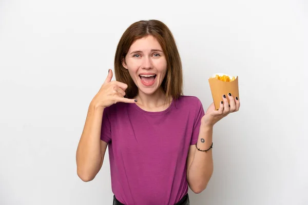Young English Woman Holding Fried Chips Isolated White Background Making — стоковое фото