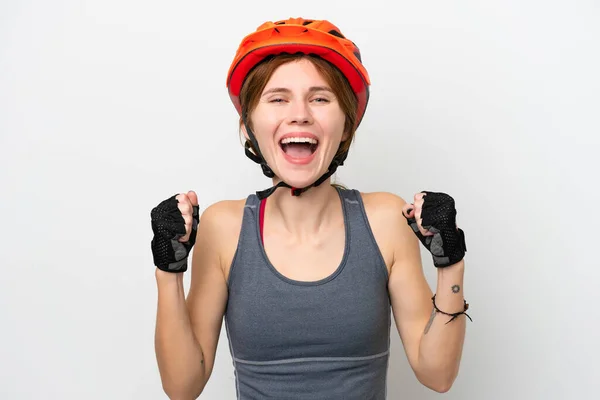 Young Cyclist English Woman Isolated White Background Celebrating Victory Winner — Foto Stock