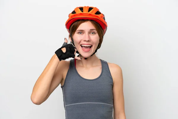 Young Cyclist English Woman Isolated White Background Making Phone Gesture — Zdjęcie stockowe
