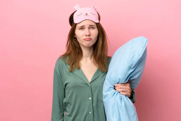 Young English Woman Pajamas Isolated Pink Background Pajamas Sad Expression — стокове фото
