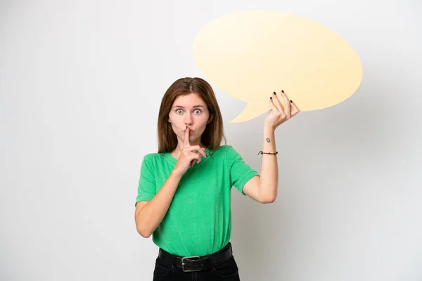 Young English Woman Isolated White Background Holding Empty Speech Bubble — Fotografia de Stock