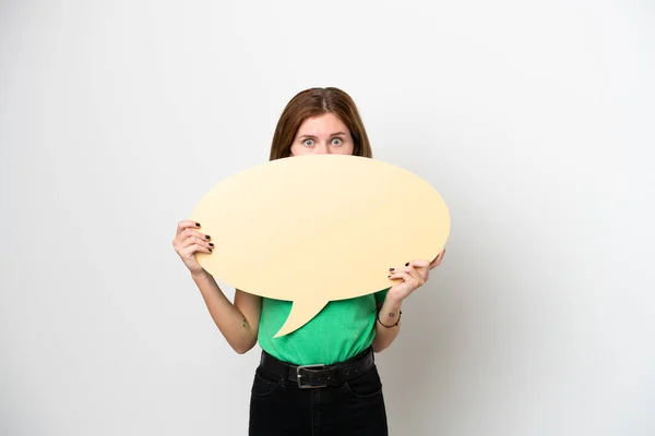 Young English Woman Isolated White Background Holding Empty Speech Bubble —  Fotos de Stock