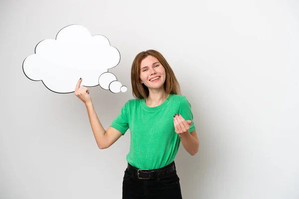 Young English Woman Isolated White Background Holding Thinking Speech Bubble — Foto de Stock