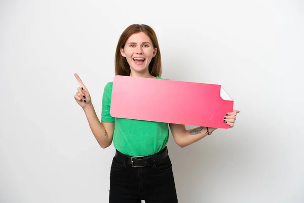 Young English Woman Isolated White Background Holding Empty Placard — Foto Stock