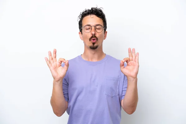 Young Man Moustache Isolated White Background Zen Pose — Foto de Stock