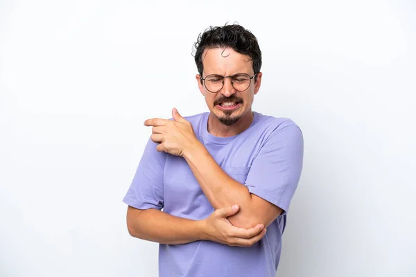 Young Man Moustache Isolated White Background Pain Elbow — Stockfoto