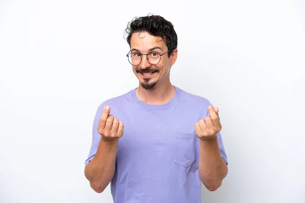 Young Man Moustache Isolated White Background Making Money Gesture — Foto de Stock