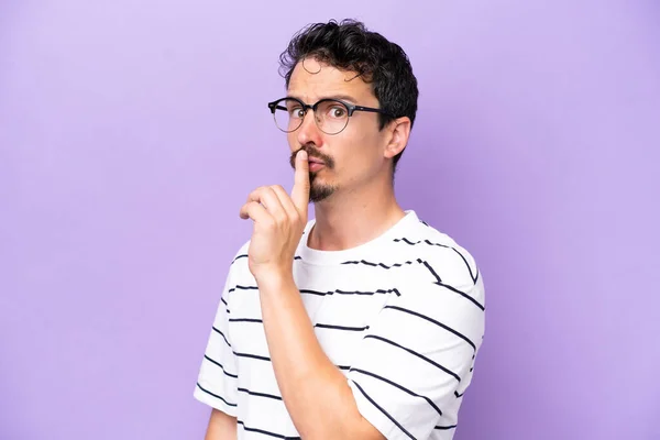 Young Caucasian Man Isolated Purple Background Glasses Doing Silence Gesture — Foto de Stock