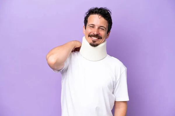 Young Caucasian Man Wearing Neck Brace Isolated Purple Background Laughing — ストック写真
