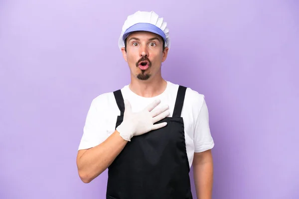Fishmonger Man Wearing Apron Isolated Purple Background Surprised Shocked While — Foto Stock