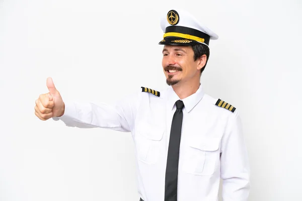 Samolot Biały Pilot Odizolowany Białym Tle Dając Kciuki Górę Gest — Zdjęcie stockowe