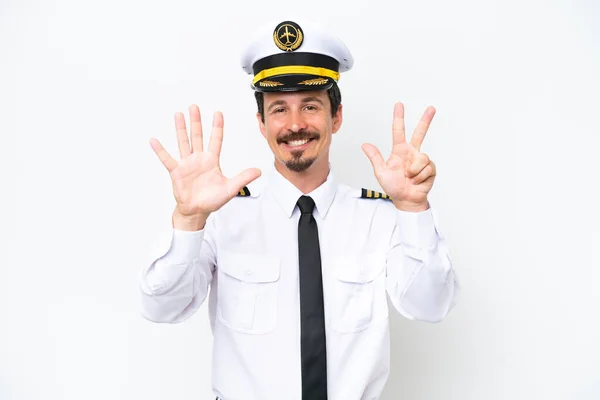 Airplane Caucasian Pilot Isolated White Background Counting Eight Fingers — 스톡 사진