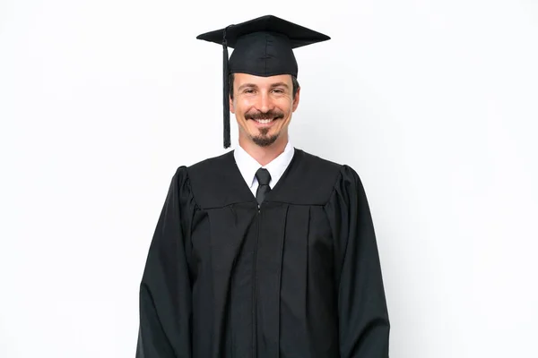 Jonge Afgestudeerde Man Geïsoleerd Witte Achtergrond Lachen — Stockfoto