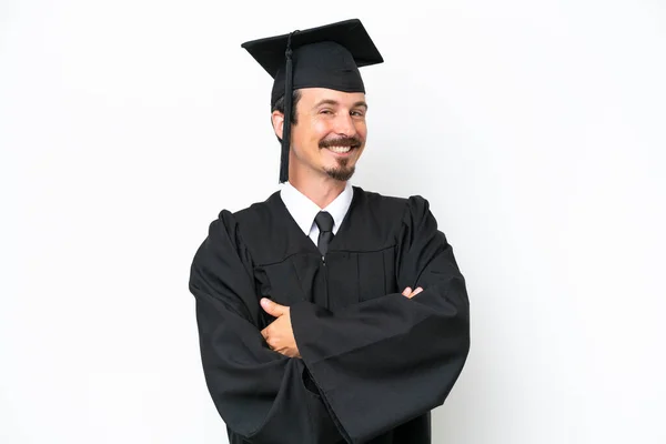 Young University Graduate Man Isolated White Background Arms Crossed Looking — Foto Stock