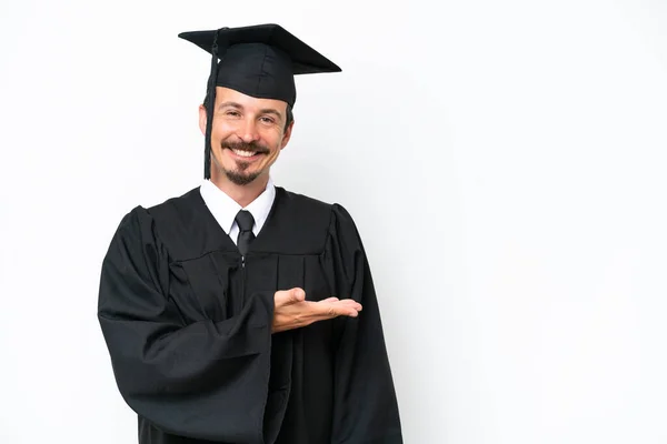 Young University Graduate Man Isolated White Background Presenting Idea While — Stockfoto