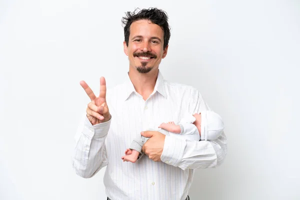 Young Man His Newborn Baby Smiling Showing Victory Sign — ストック写真