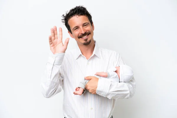Young Man His Newborn Baby Saluting Hand Happy Expression — Φωτογραφία Αρχείου