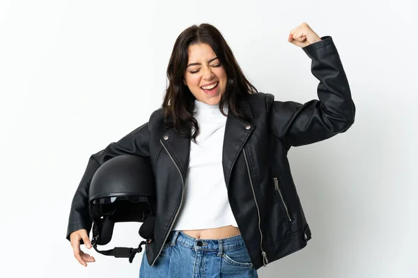 Woman Holding Motorcycle Helmet Isolated White Background Doing Strong Gesture — Stock fotografie