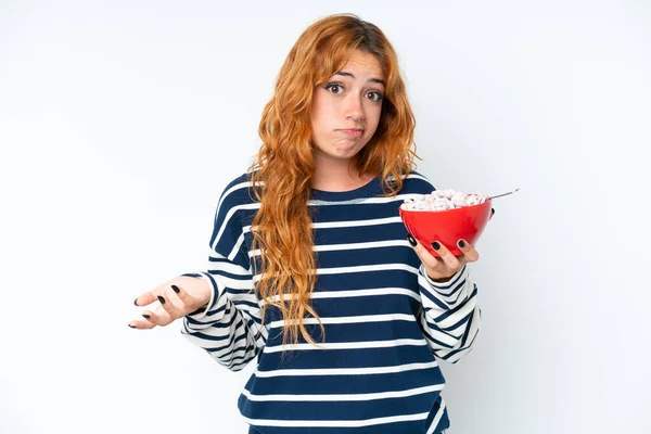 Young Caucasian Woman Having Breakfast Milk Isolated White Background Making — Stock Photo, Image