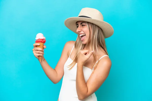 Young Caucasian Woman Swimsuit Cornet Ice Cream Isolated Blue Background — Stockfoto