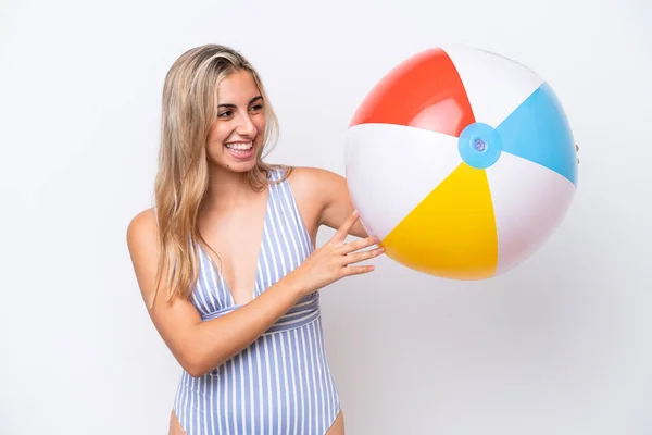 Young Caucasian Woman Holding Beach Ball Isolated White Background Happy — Stock Photo, Image