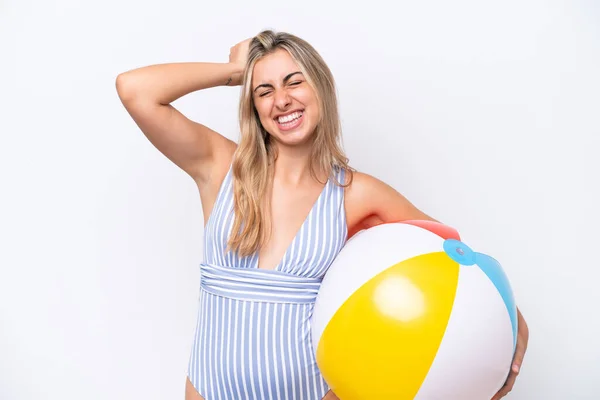 Young Caucasian Woman Holding Beach Ball Isolated White Background Has — Stock Photo, Image