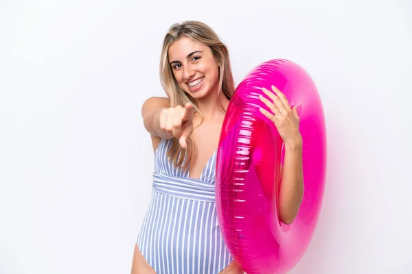 Young Caucasian Woman Holding Air Mattress Donut Isolated White Background — Stock Photo, Image