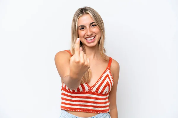 Jovem Caucasiano Mulher Isolado Branco Fundo Fazendo Chegando Gesto — Fotografia de Stock