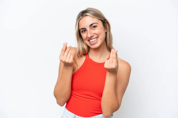 Jonge Kaukasische Vrouw Geïsoleerd Witte Achtergrond Het Maken Van Geld — Stockfoto