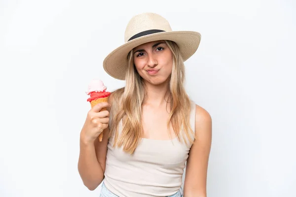 Young Caucasian Woman Cornet Ice Cream Isolated White Background Sad — 스톡 사진
