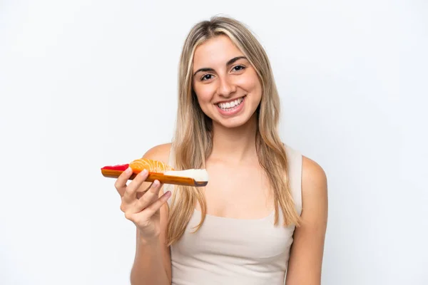 Young Caucasian Woman Holding Sashimi Isolated White Background Smiling Lot — Foto de Stock