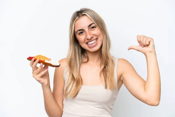 Young Caucasian Woman Holding Sashimi Isolated White Background Proud Self — Foto de Stock