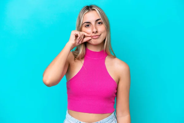 Young Caucasian Woman Isolated Blue Background Showing Sign Silence Gesture — Stock Photo, Image