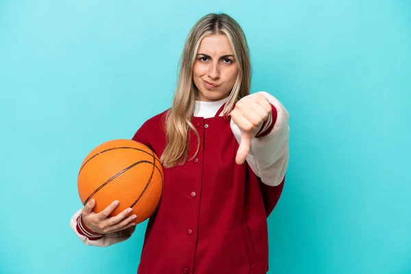 Young Caucasian Basketball Player Woman Isolated Blue Background Showing Thumb — Stok fotoğraf