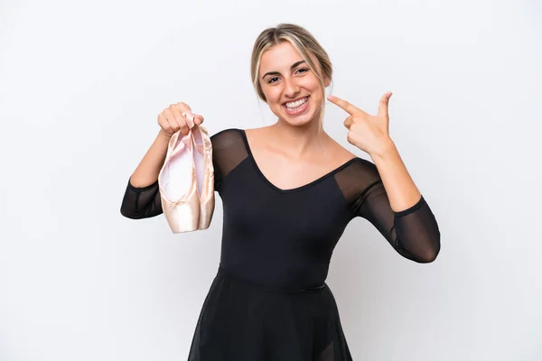 Young Caucasian Woman Practicing Ballet Isolated White Background Giving Thumbs — ストック写真