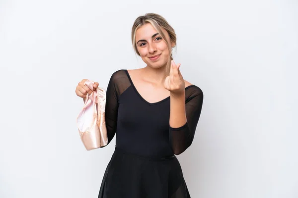Young Caucasian Woman Practicing Ballet Isolated White Background Making Money — 스톡 사진