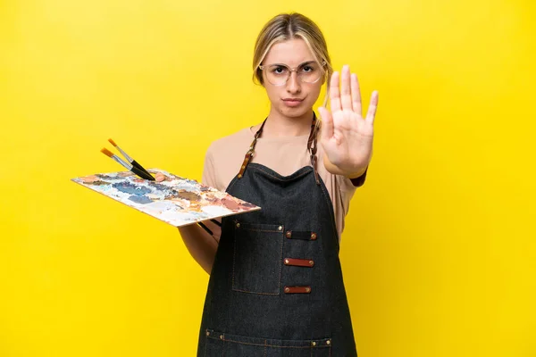 Young Artist Caucasian Woman Holding Palette Isolated Yellow Background Making —  Fotos de Stock