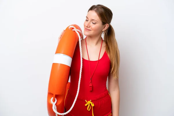 Young Caucasian Woman Isolated White Background Lifeguard Equipment Happy Expression — Foto Stock