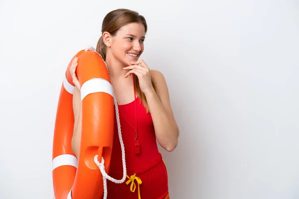Young Caucasian Woman Isolated White Background Lifeguard Equipment Thinking Idea — 스톡 사진
