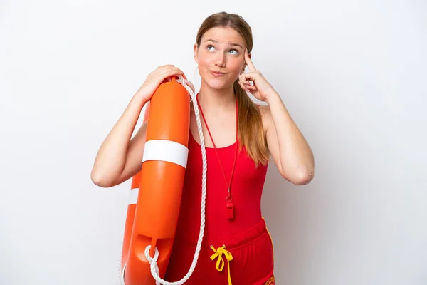 Young Caucasian Woman Isolated White Background Lifeguard Equipment Having Doubts — Fotografia de Stock